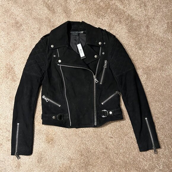 Alice + Olivia Quilted, Suede Goat Leather Biker Jacket, S - Picture 2 of 10